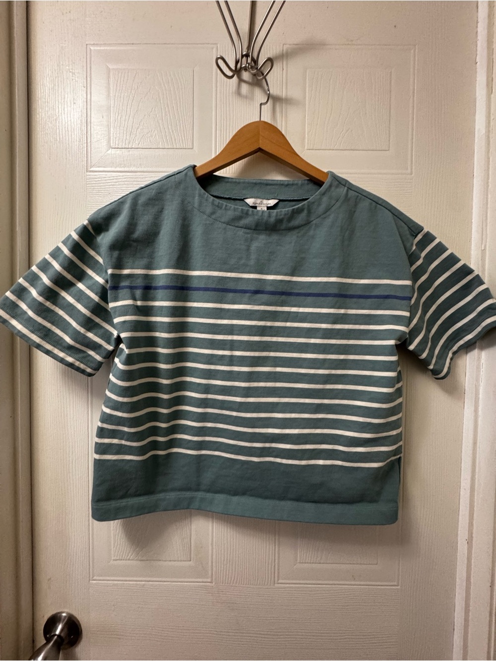 L.L. Bean Teal, White and Navy Striped Short Sleeve Tee